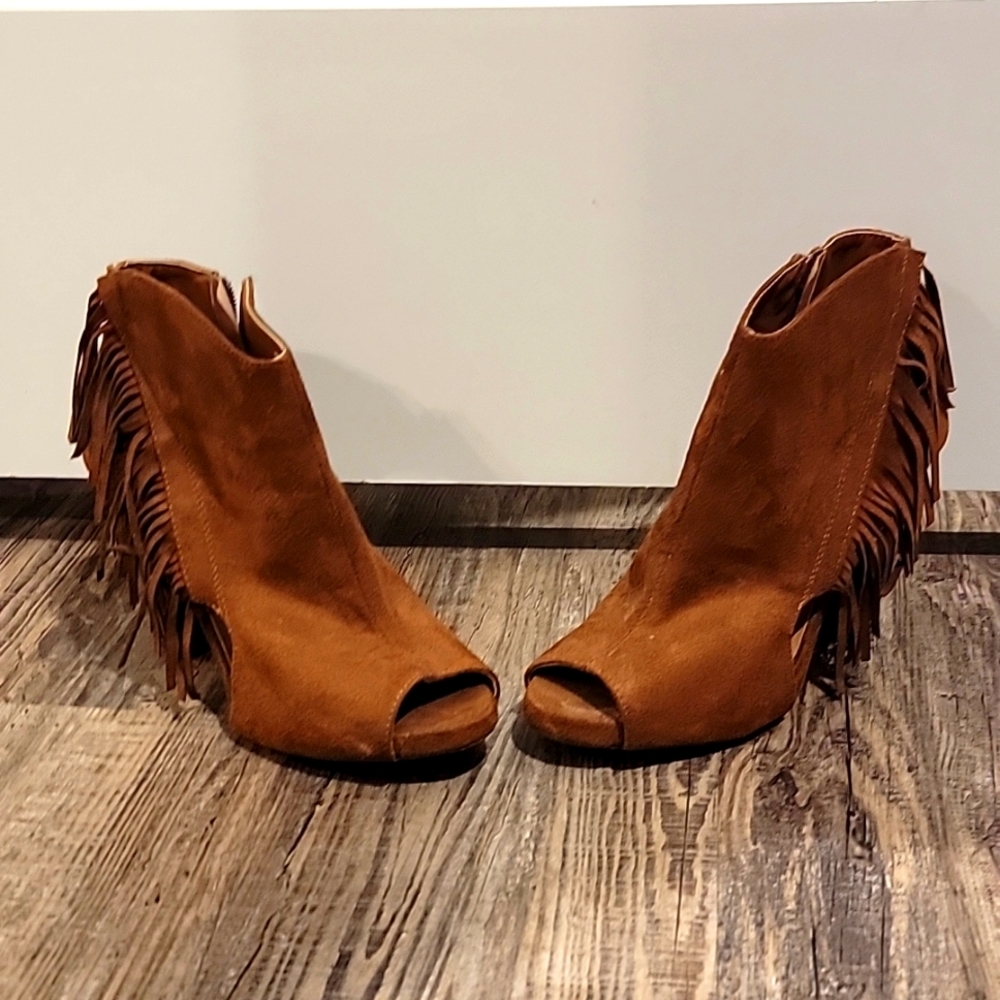 Brown Faux Suede Bootie With Fringe - image 1